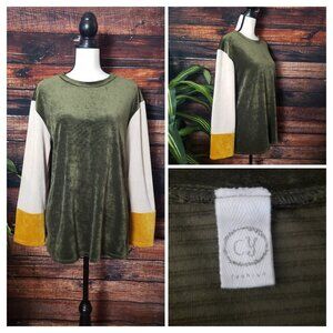 CY Fashion M Y2K Velour Ribbed Color Block Flared Sleeve Sweater Top USA Made